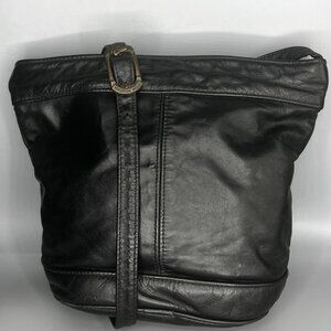 STONE MOUNTAIN BLACK LEATHER BUCKET BAG WITH CROSSBODY, SHOULDER STRAP BRASS HDW